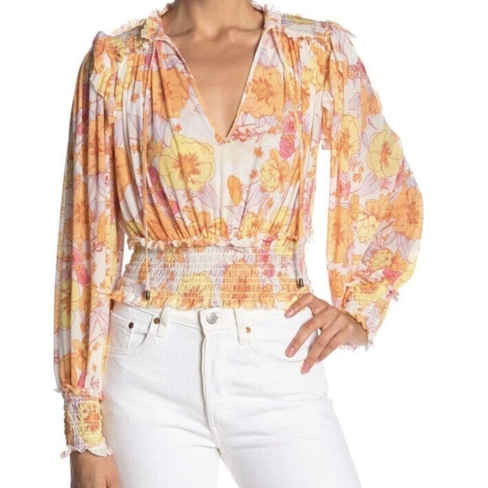 Free People Smocked Waist Floral V-Neck Blouse in Yellow, Pink, Cream